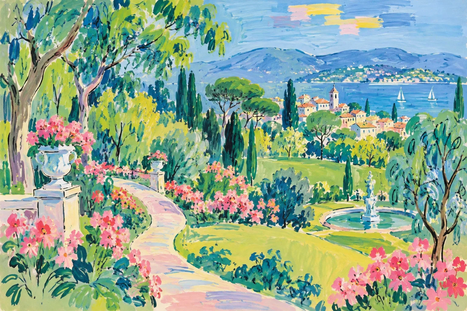 A painting of a flowering garden above the coast