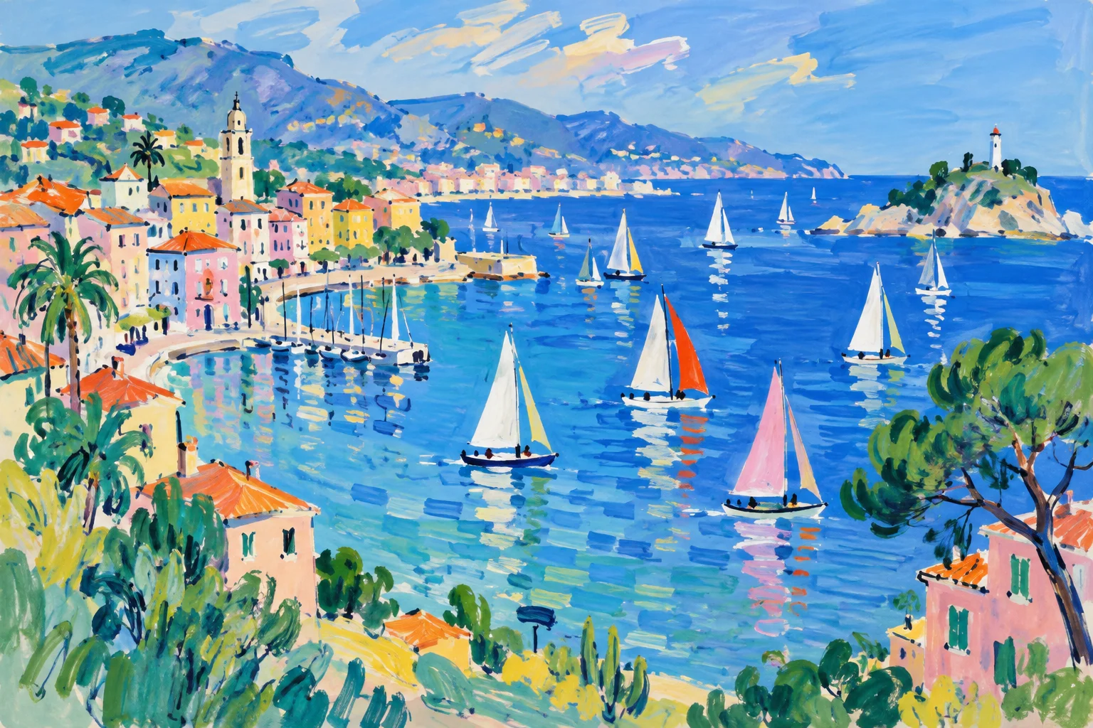 A painting of a coastal village and sailboats