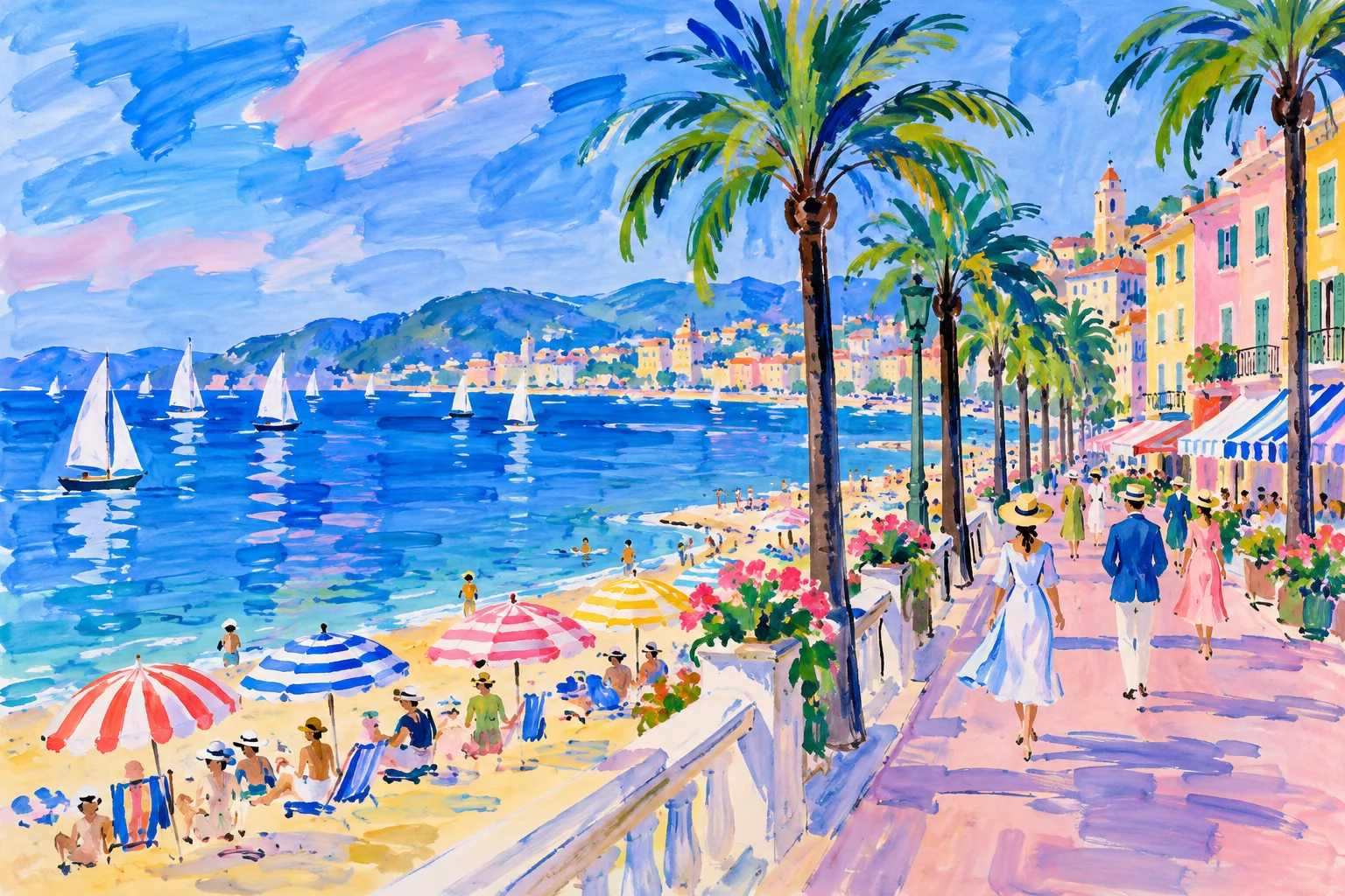 A painting of a palm-lined seaside promenade