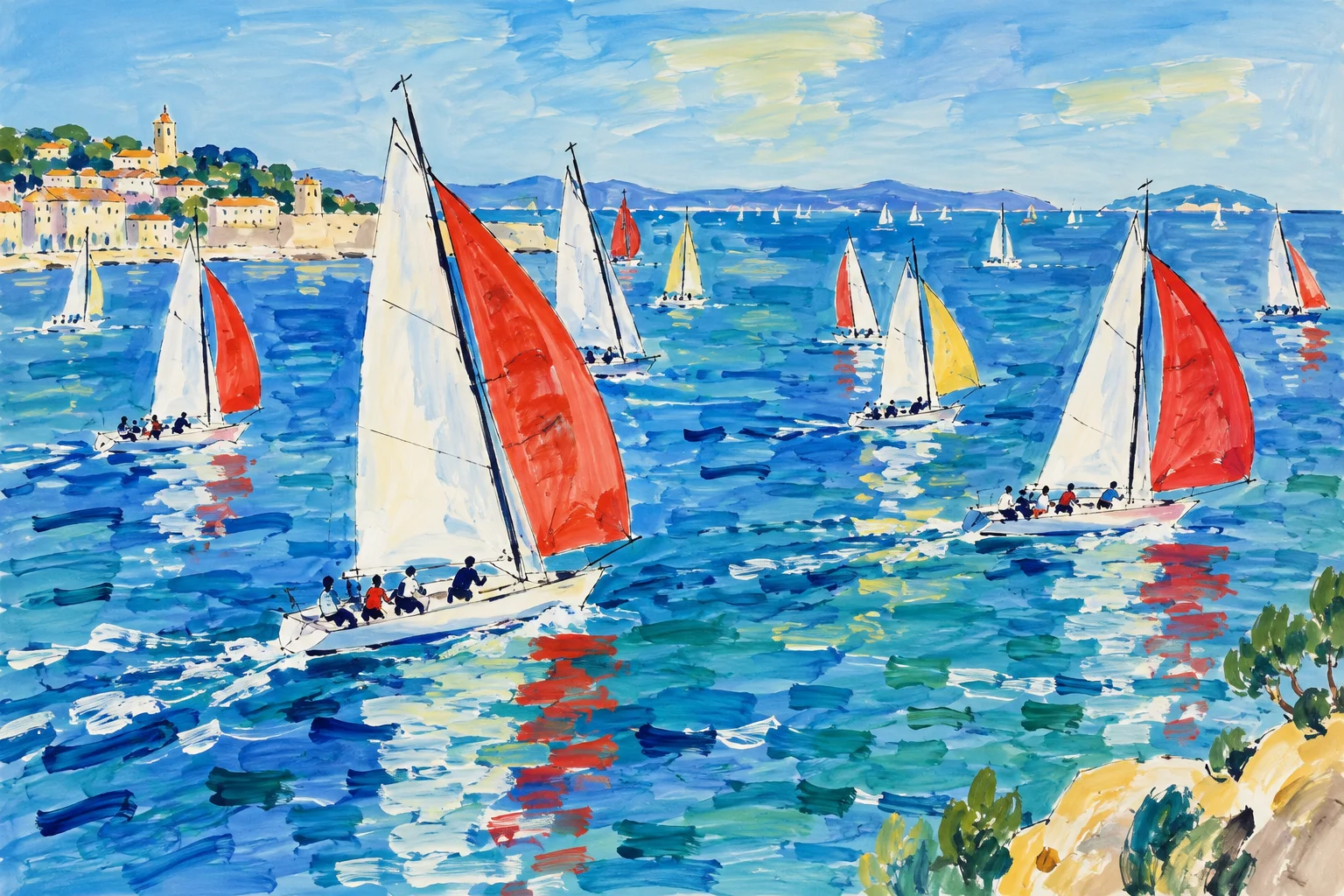 A painting of sailboats racing on a blue sea